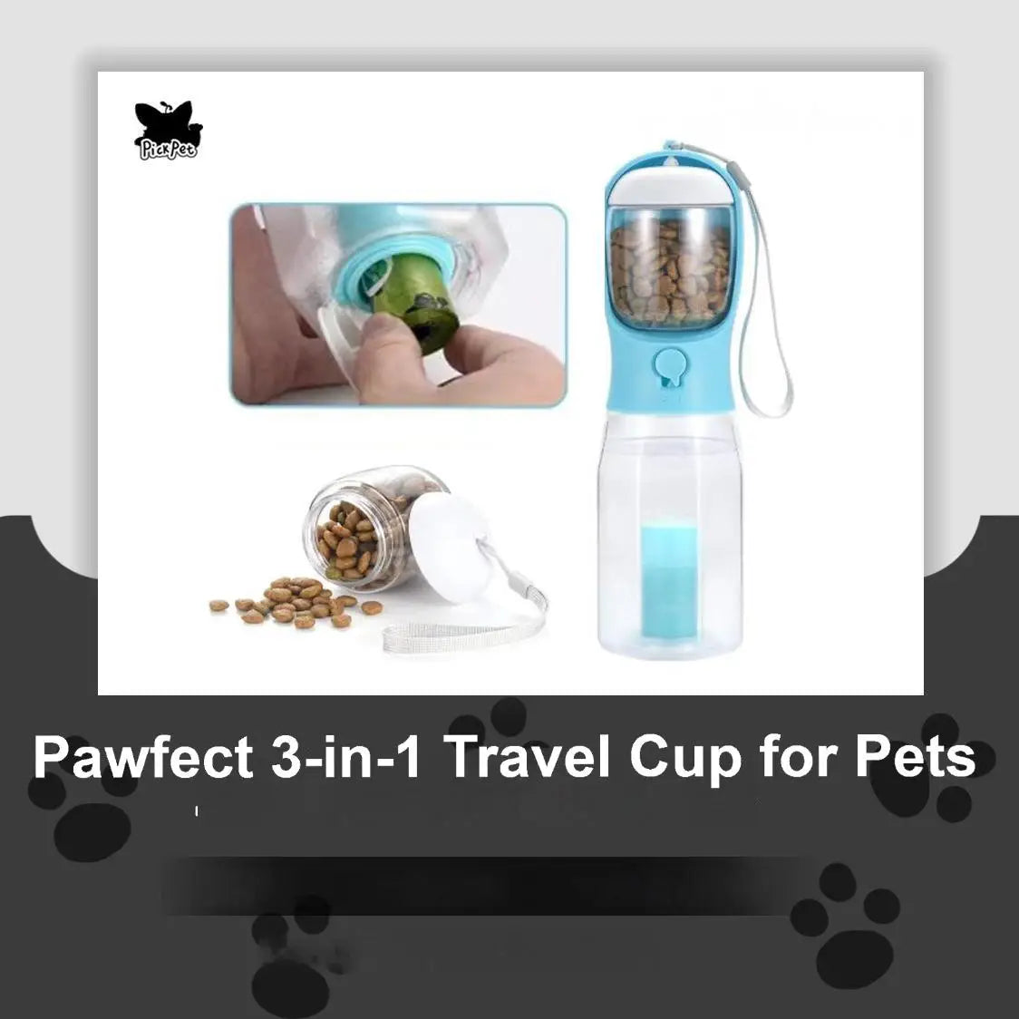 πΎ 3-in-1 Portable Pet Travel Bottle β Water, Food & Waste Bag Dispenser for Cats & Dogs