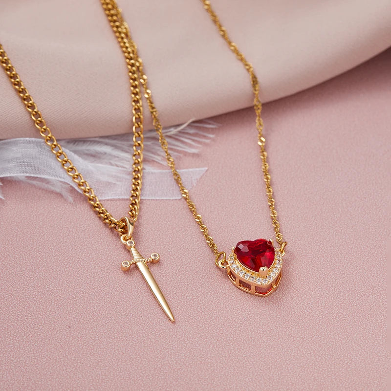 ❤️⚔️ Heart & Sword Couple Necklace – Matching Pendant Jewelry