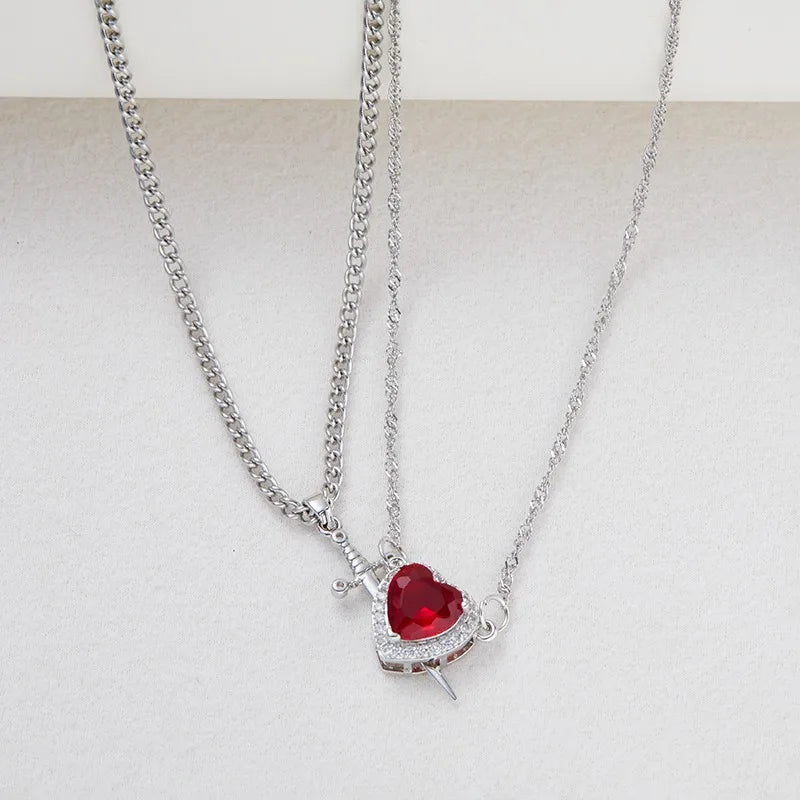 ❤️⚔️ Heart & Sword Couple Necklace – Matching Pendant Jewelry