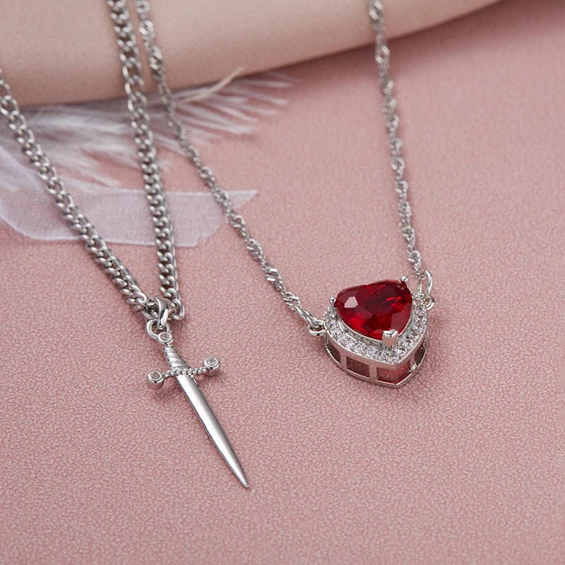 ❤️⚔️ Heart & Sword Couple Necklace – Matching Pendant Jewelry