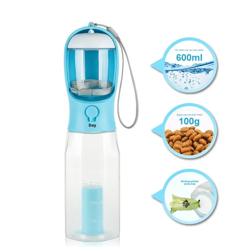 πΎ 3-in-1 Portable Pet Travel Bottle β Water, Food & Waste Bag Dispenser for Cats & Dogs