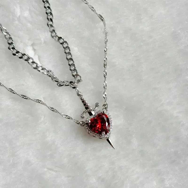❤️⚔️ Heart & Sword Couple Necklace – Matching Pendant Jewelry