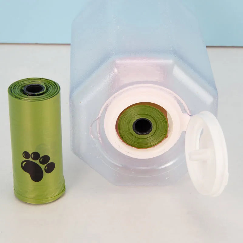 πΎ 3-in-1 Portable Pet Travel Bottle β Water, Food & Waste Bag Dispenser for Cats & Dogs