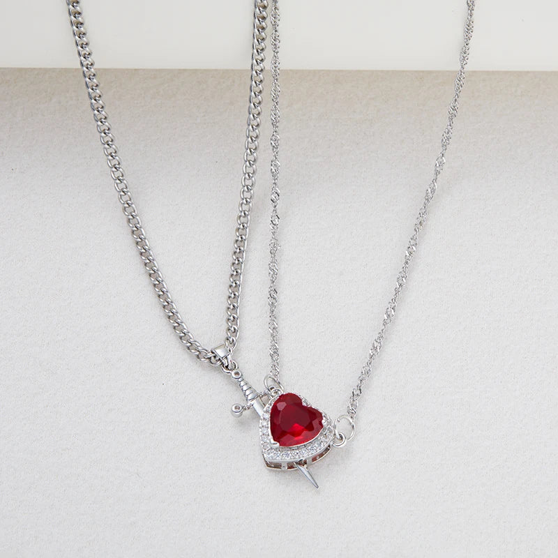 ❤️⚔️ Heart & Sword Couple Necklace – Matching Pendant Jewelry