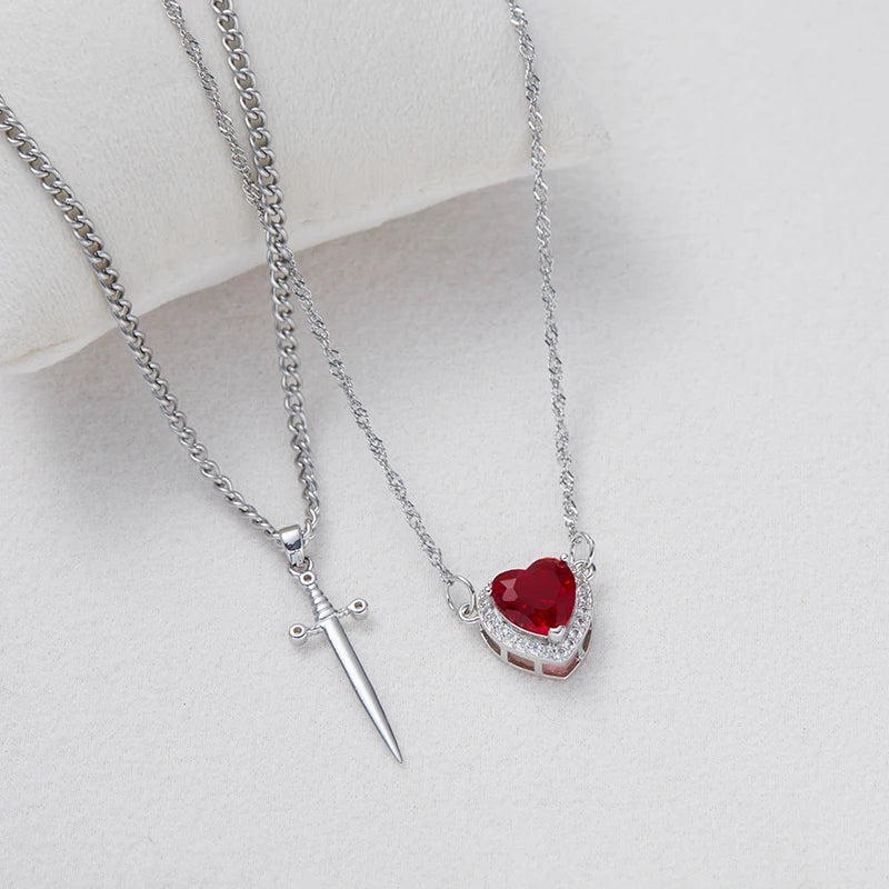 ❤️⚔️ Heart & Sword Couple Necklace – Matching Pendant Jewelry