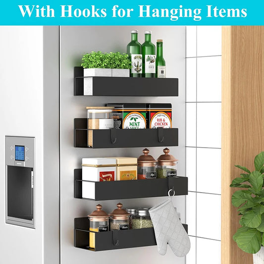 🧂 Magnetic Refrigerator Organizer – Adjustable Side-Mounted Spice Rack with Hooks