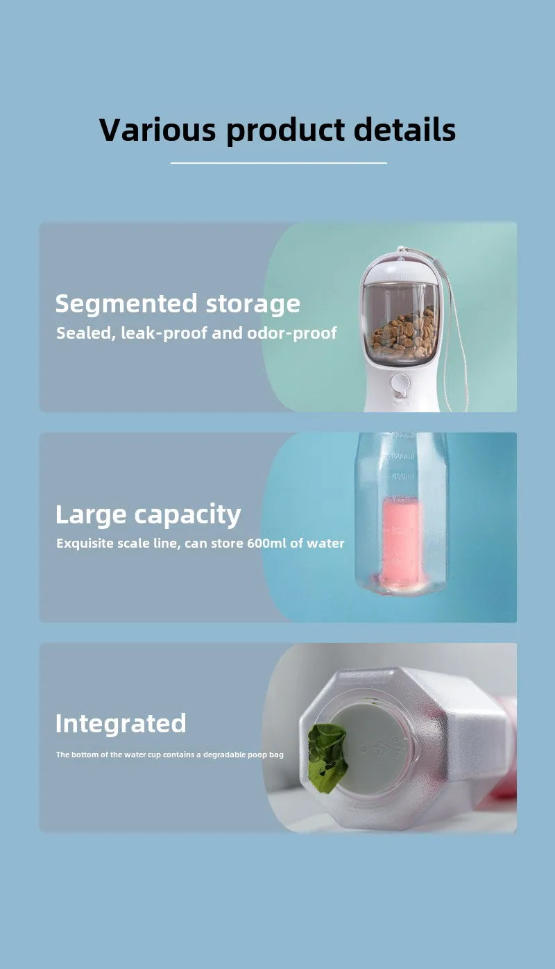 πΎ 3-in-1 Portable Pet Travel Bottle β Water, Food & Waste Bag Dispenser for Cats & Dogs