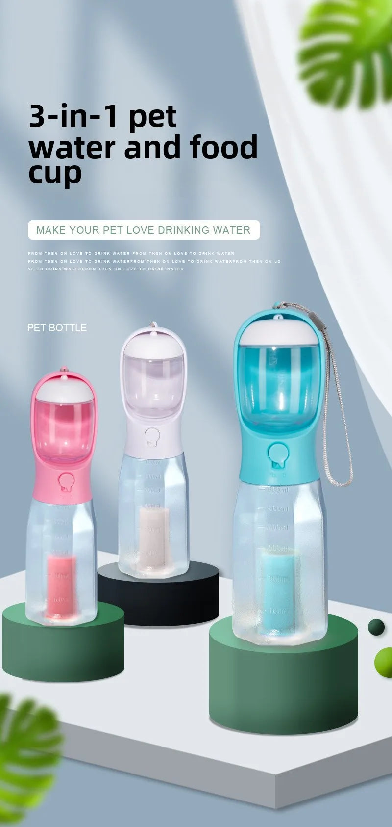 πΎ 3-in-1 Portable Pet Travel Bottle β Water, Food & Waste Bag Dispenser for Cats & Dogs
