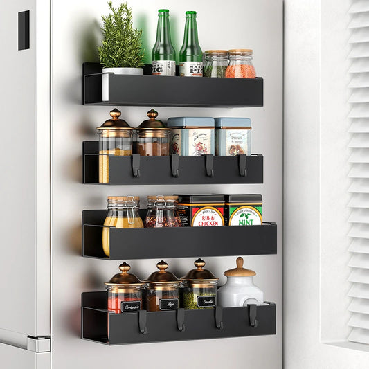 🧂 Magnetic Refrigerator Organizer – Adjustable Side-Mounted Spice Rack with Hooks